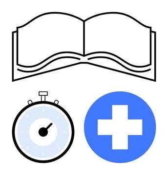 Open Book with Stopwatch and Plus Sign Representing Knowledge, Time Managem.. Stock-Illustration