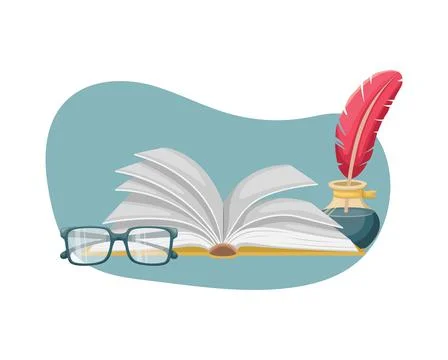 An open book on the table with an inkwell with a pen and glasses. Education, Stock Illustration