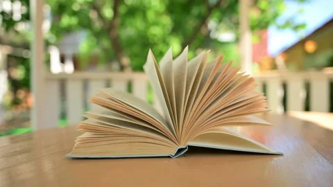 Open book on the table on a summer day. Stock Footage 168537697