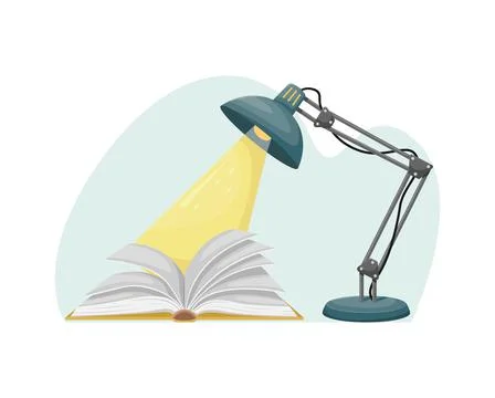 An open book on the table with a table lamp. Education, reading. Stock Illustration