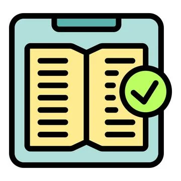 Open book on tablet screen with green check mark, showing successful completi Stock Illustration