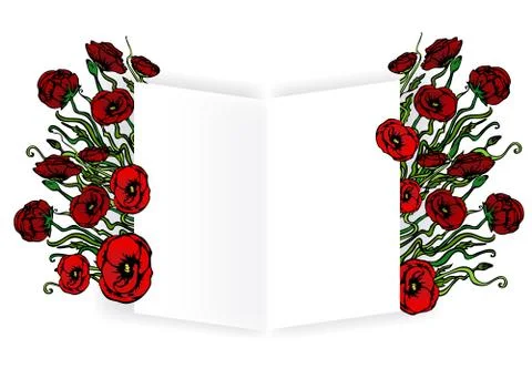 Open book template for web and print  white background with red flowers. Crea Stock Illustration