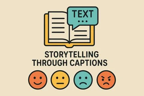 Open book with text bubble and emotion faces conveying storytelling Stock-Illustration