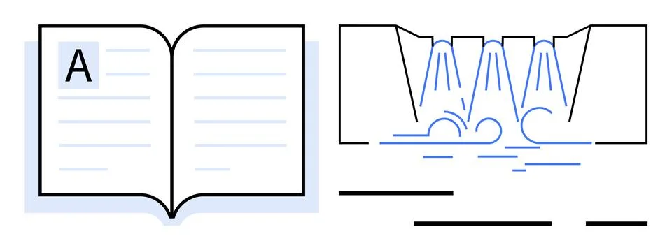 An open book with text on the left and a dam with flowing water on the right. 스톡 일러스트