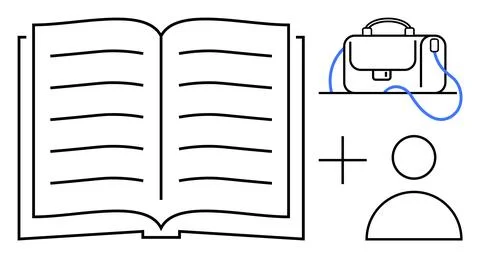 Open book with text lines, briefcase on table, abstract person icon, and plus イラスト素材