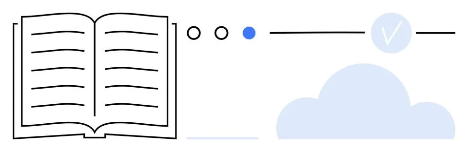 Open book with text lines, progress indicators in a horizontal sequence, clou 스톡 일러스트