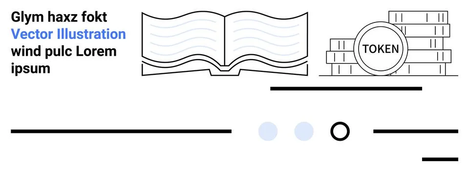 Open book with text, token stack, and various lines representing abstract d.. Illustrazione stock