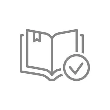 Open book with tick checkmark line icon. Book verification, library symbol Stock Illustration