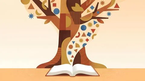 Open book transformed into tree of knowledge filled with abstract shapes an.. Stock Illustration