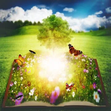 Open book with tree of knowledge, abstract environmental backgrounds Stock Illustration