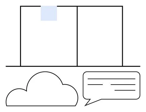 Open book with two pages, a cloud below, and a speech bubble with lines for t Stock Illustration