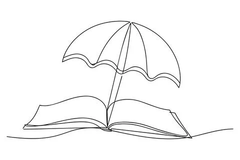 Open book under a beach umbrella line art reading Stock Illustration