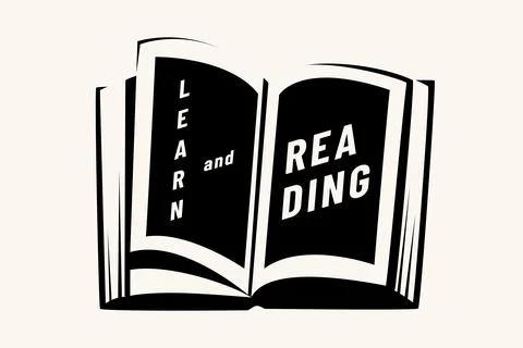 Open book vector illustration with text learn and reading. Black and white .. Stock Illustration