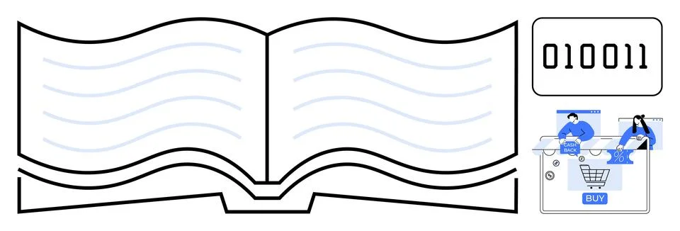 Open book with wavy lines, binary code, and an online shopping scene with a c Stockillustratie