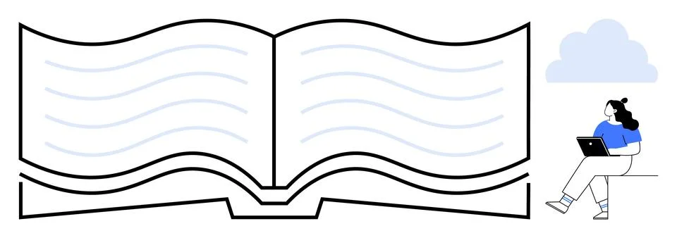 Open book with wavy lines, cloud behind. Person sitting on the edge with a la Stock Illustration