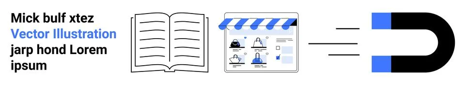 Open book, website analytics screen with graph and user icons, and a magnet s Illustrazione stock