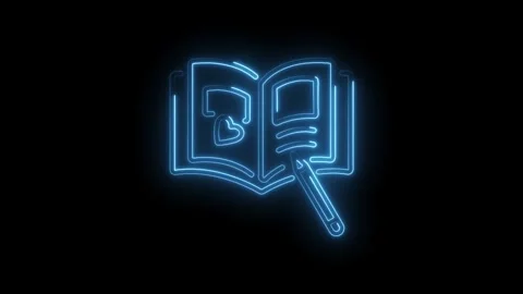 Open book writing concept glowing blue neon line art on black background Stock Footage 345992430