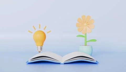 An open book with a yellow flower, symbolizing knowledge and the magic Stock Illustration