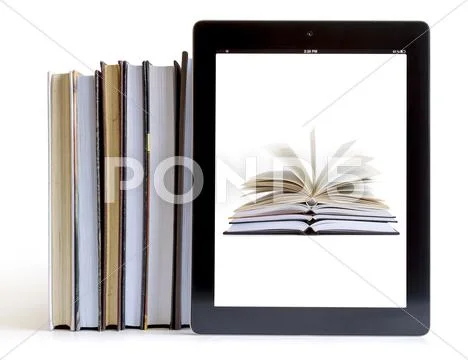 Open books on ipad 3 concept Stock Photos