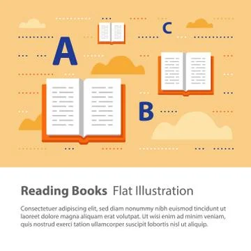 Open books, reading and learning grammar, flat illustration, Illustrazione stock