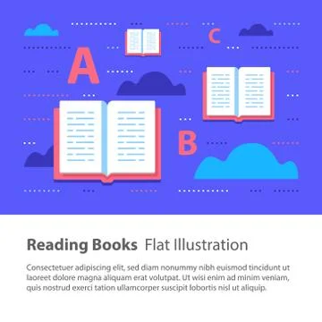 Open books, reading and learning grammar, flat illustration, Stock Illustration