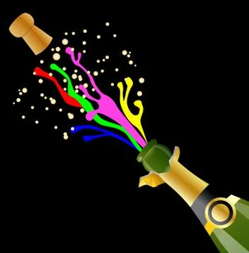 Open bottle with the bright streams of champagne and cork Stock Illustration