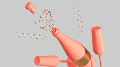 An open bottle of champagne and two glasses with confetti 3D looping animation Stock Footage 317830891
