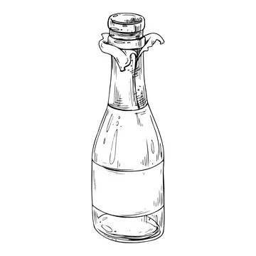 A open bottle with champagne, a wrapper and an empty white label. Line art is a Stock Illustration