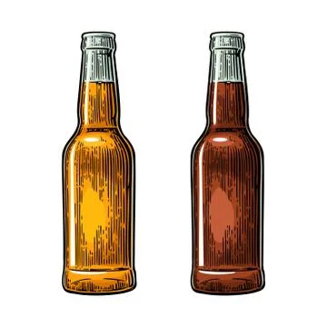 Open bottles with porter and light beer. Vintage black and color vector engra Stock Illustration