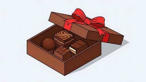 Open box of assorted chocolates with red bow Stock Illustration