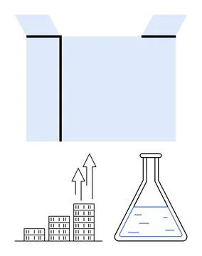 Open Box, Chart with Upward Bars, and Flask with Liquid Growth and Innovation Stock Illustration