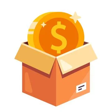 An open box containing a gold coin. send a coin for collection by mail. イラスト素材