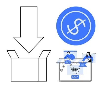 Open box with down arrow, dollar sign in blue circle, and people shopping onl 스톡 일러스트