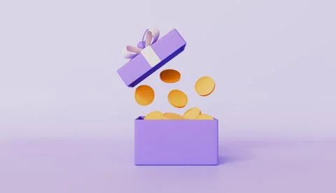Open box filled with coins, coins floating out, excitement of financial Stock Illustration