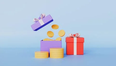 Open box filled with coins, coins floating out, excitement of financial Stock Illustration
