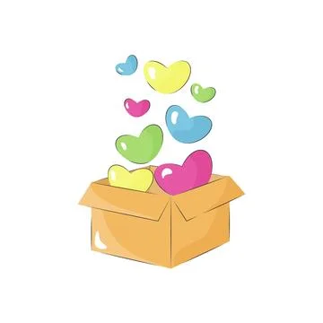 Open box with flying hearts. Open cardboard box with colorful hearts isolat.. Stock Illustration