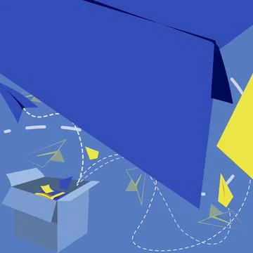 Open Box With Flying Paper Planes Presenting New Free Ideas. Exposed Crate Illustrazione stock