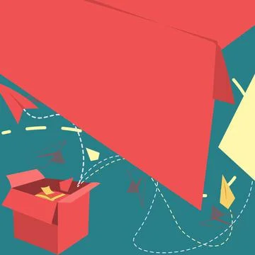 Open Box With Flying Paper Planes Presenting New Free Ideas. Exposed Crate Illustrazione stock