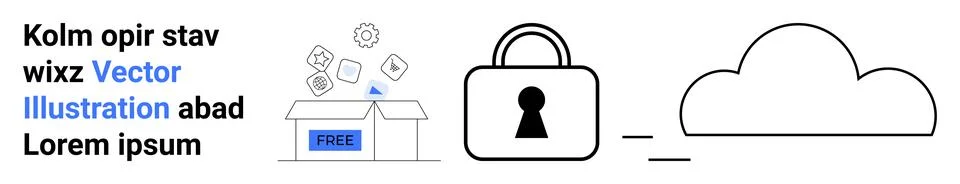 Open box with free label, data icons, padlock connected to cloud. Ideal for c Illustrazione stock