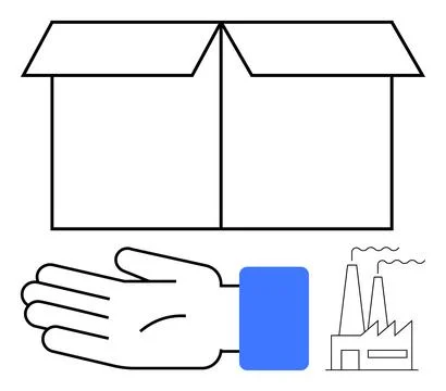 Open Box, Hand Gesture, and Factory Symbols in Minimalist Design with Blue .. 스톡 일러스트