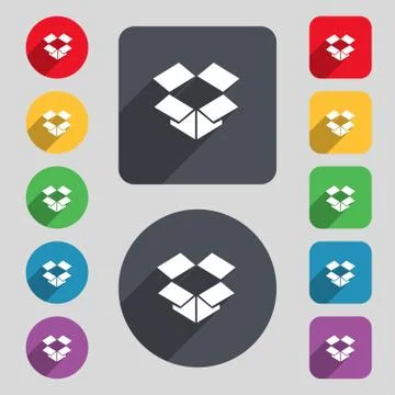 Open box icon sign. A set of 12 colored buttons and a long shadow. Flat design. Stock Illustration