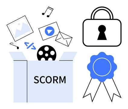 Open box labeled SCORM with multimedia content thumbs up images, music, video Illustrazione stock