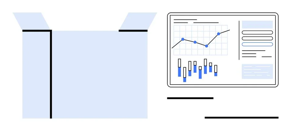 Open box next to data analytics dashboard with graphs and charts, highlightin Stock Illustration