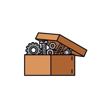 Open box overflowing with nuts, bolts, and gears, white background, screw hea Stockillustratie