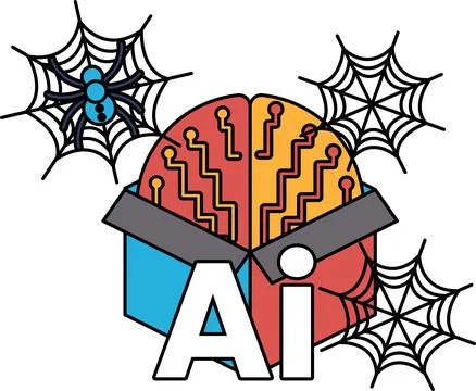 Open box reveals brain circuitry, surrounded by spiderwebs Stock Illustration