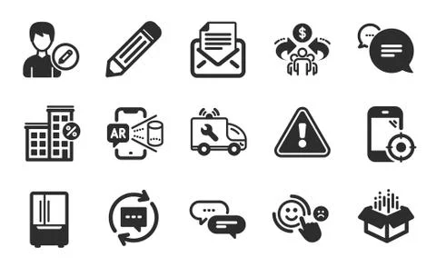 Open box, Update comments and Edit person icons set. Seo phone, Augmented Ilustración de archivo