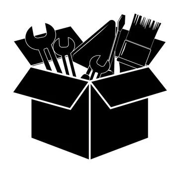 Open box with work tools isolated on background, flat pictogram, business, .. Stock Illustration