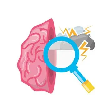 Open brain with cloud thunder and magnifying glass Illustrazione stock