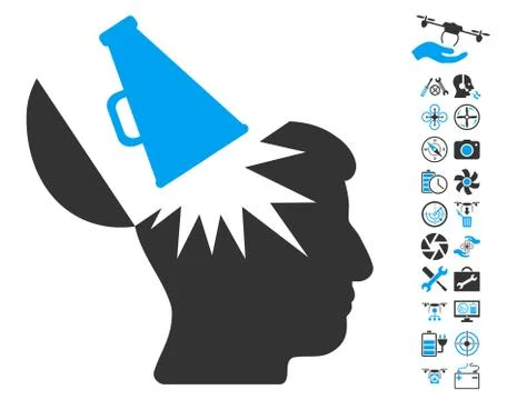 Open Brain Megaphone Icon With Air Drone Tools Bonus Stock Illustration