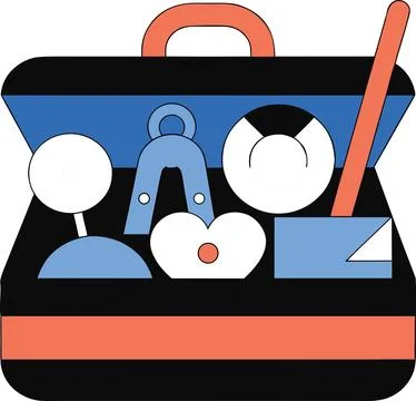 Open briefcase filled with educational and career tools like compass protra.. Stock Illustration